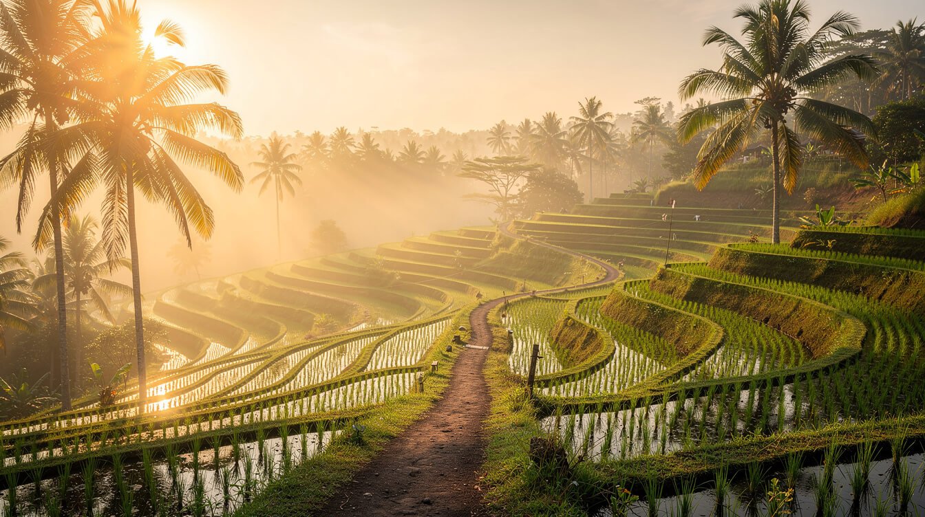 Ubud rice terraces sunrise morning mist