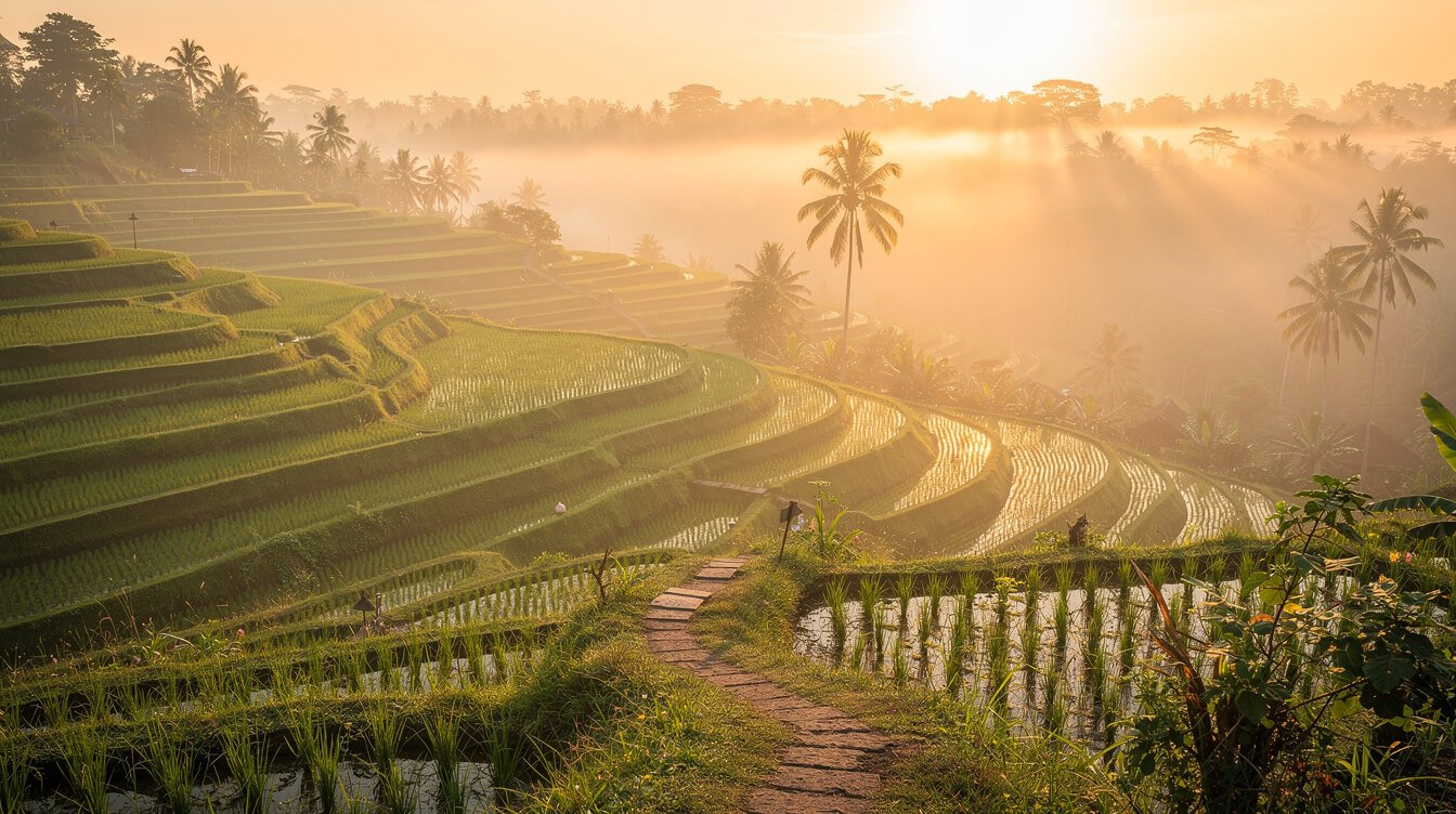 Ubud rice terraces sunrise morning mist