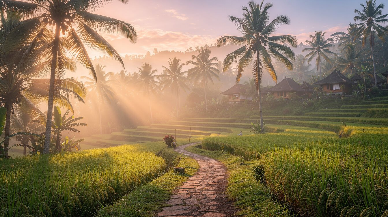 Misty Ubud rice terraces at sunrise