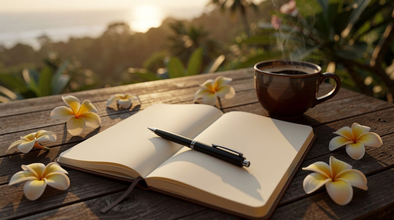 Notebook and coffee on Bali villa deck at sunset