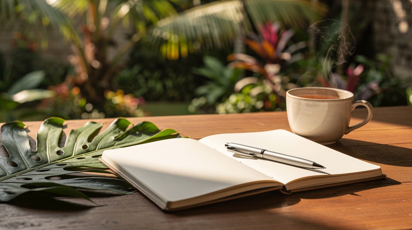 Notebook and tea beside tropical leaves on a timber surface