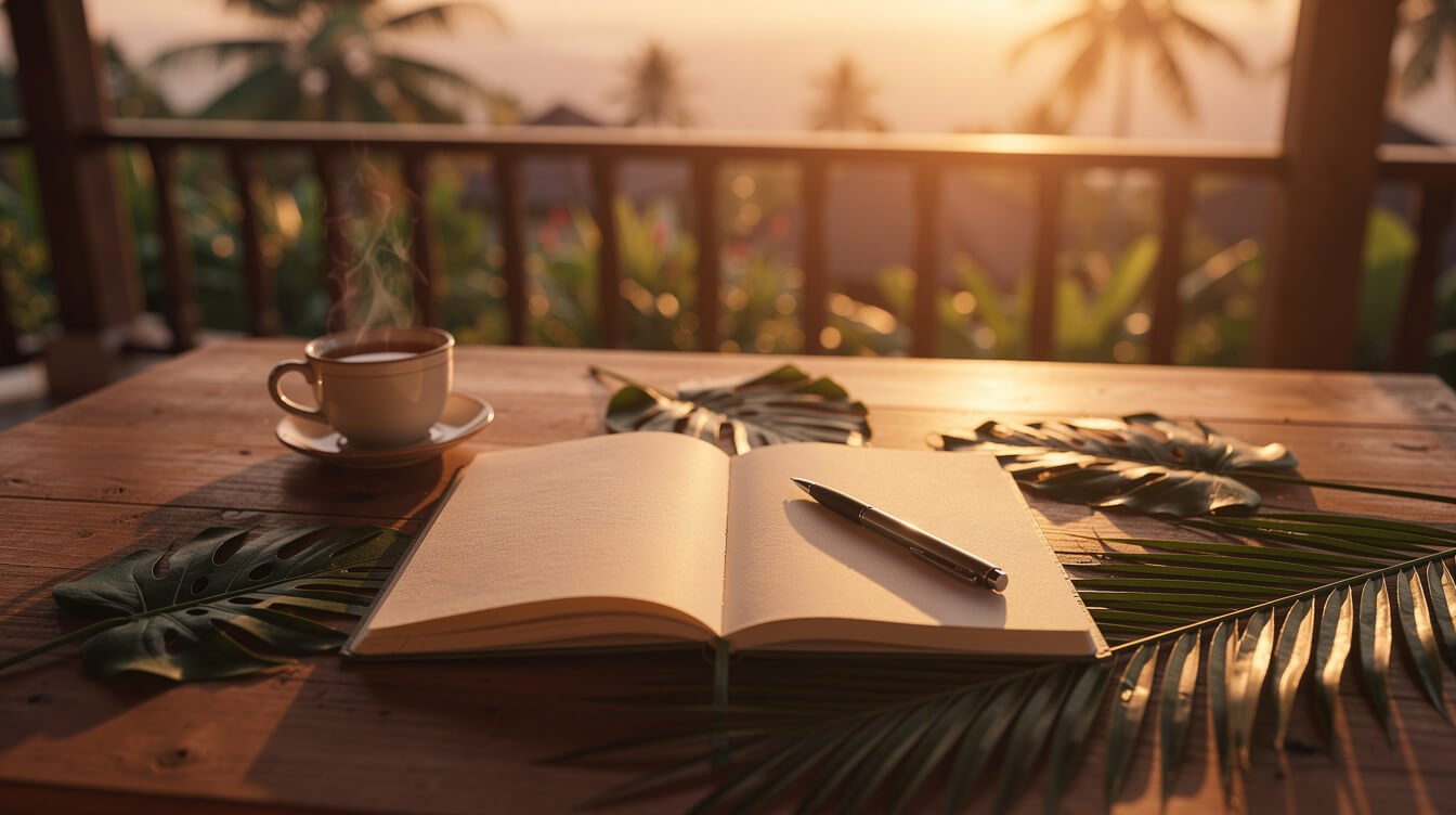 Notebook and tea on a Bali villa veranda at sunset