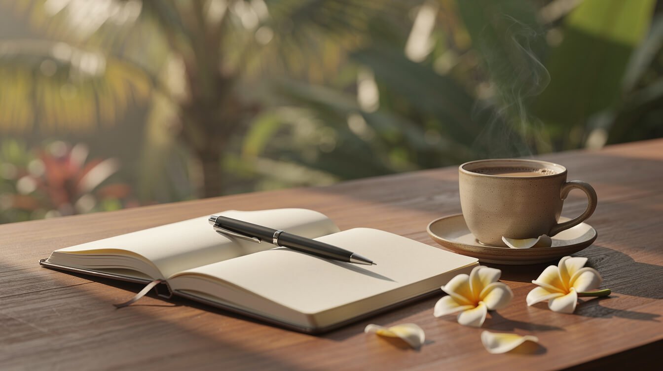 Notebook and coffee on teak table with tropical garden