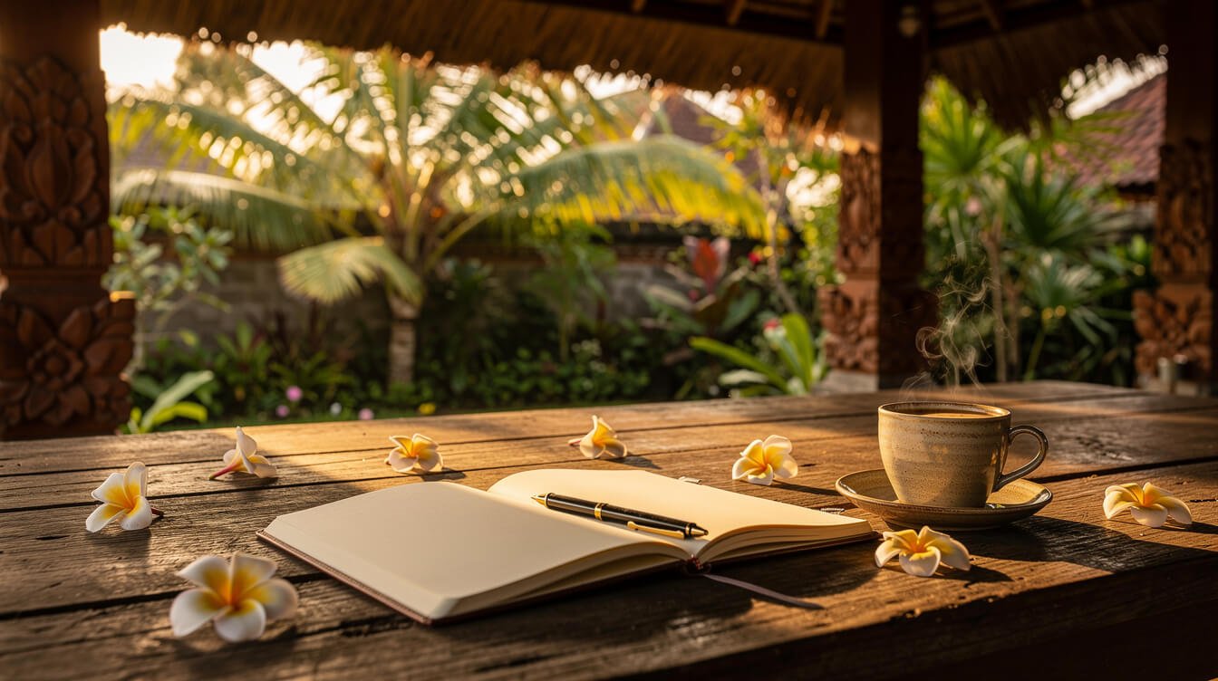 Notebook and coffee on tropical Bali villa table