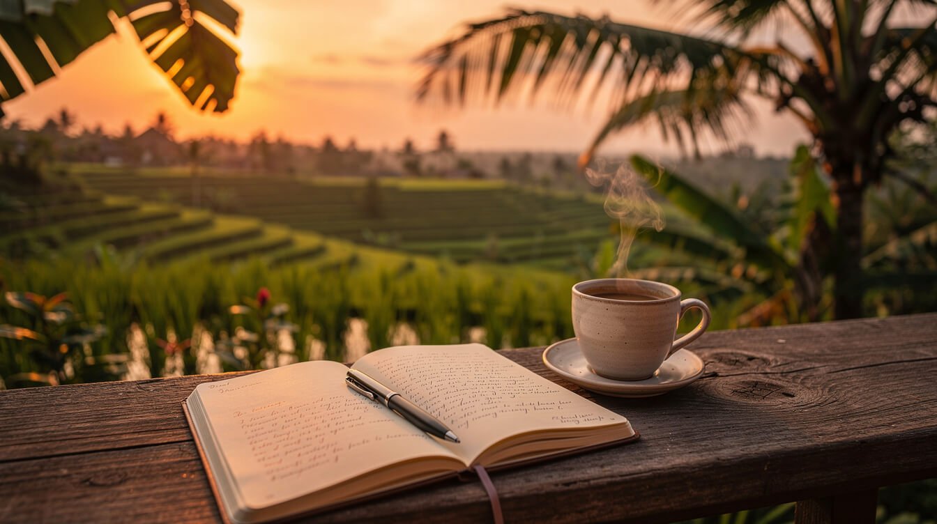 Notebook and coffee overlooking Ubud rice fields at sunset