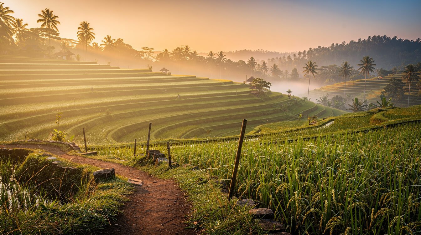 Warm sunrise over Ubud rice terraces with golden morning mist