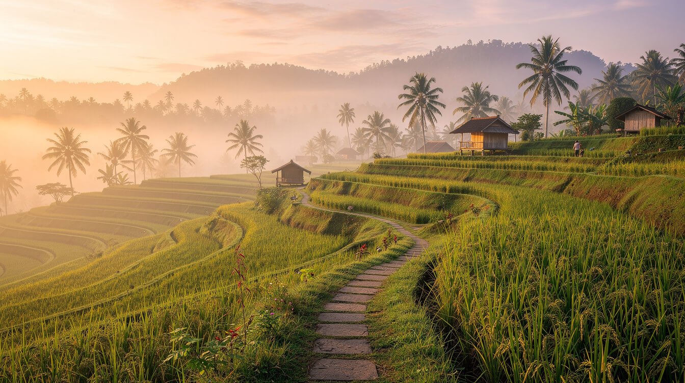 Ubud rice terraces at dawn with golden mist