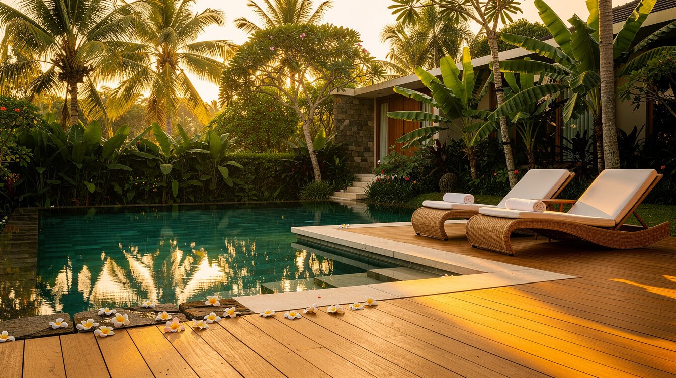 Villa pool deck in Ubud at golden hour with tropical garden