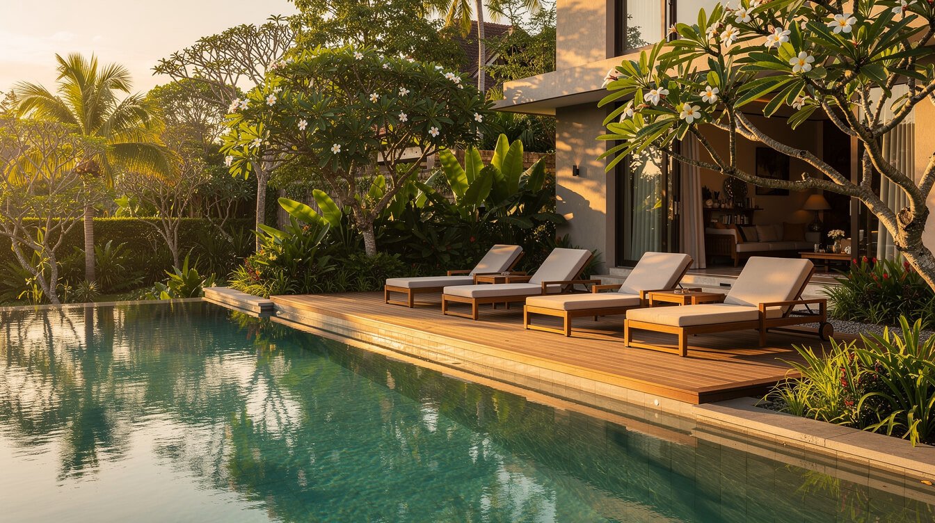 Villa Amrita pool deck at golden hour