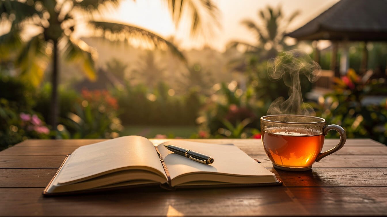 Notebook and tea on tropical villa terrace at sunset