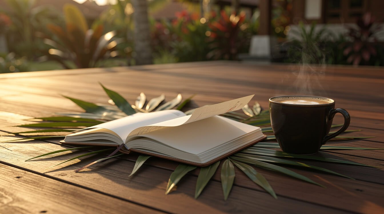 Open notebook on tropical deck with Balinese coffee