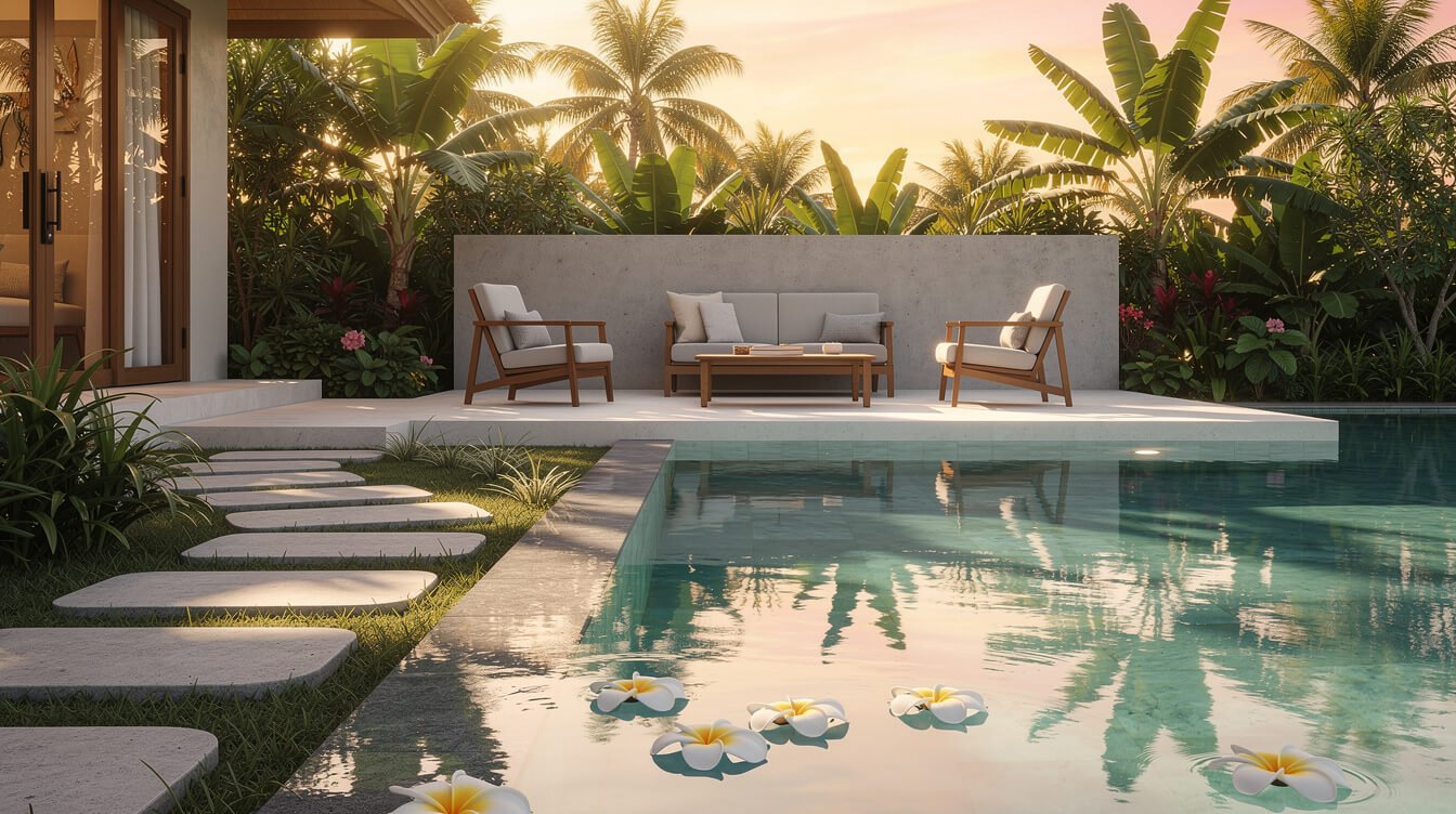 Luxury Bali pool villa at golden hour with tropical garden