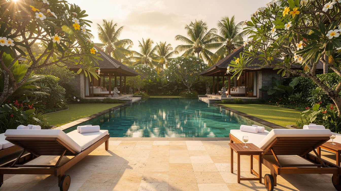 Villa Amrita pool deck with turquoise pool and tropical garden