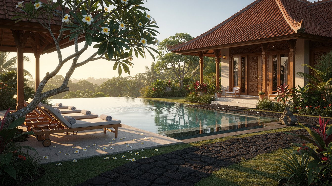 Villa Amrita pool deck in warm morning light