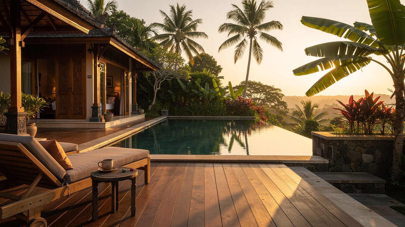 Villa Amrita pool deck at golden hour Ubud