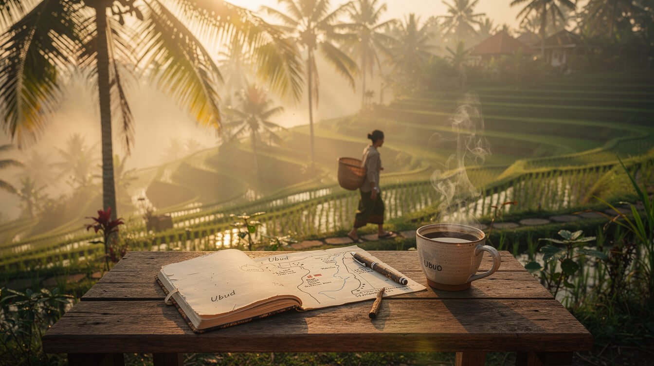 Misty Ubud rice terraces at dawn with journal on wooden table