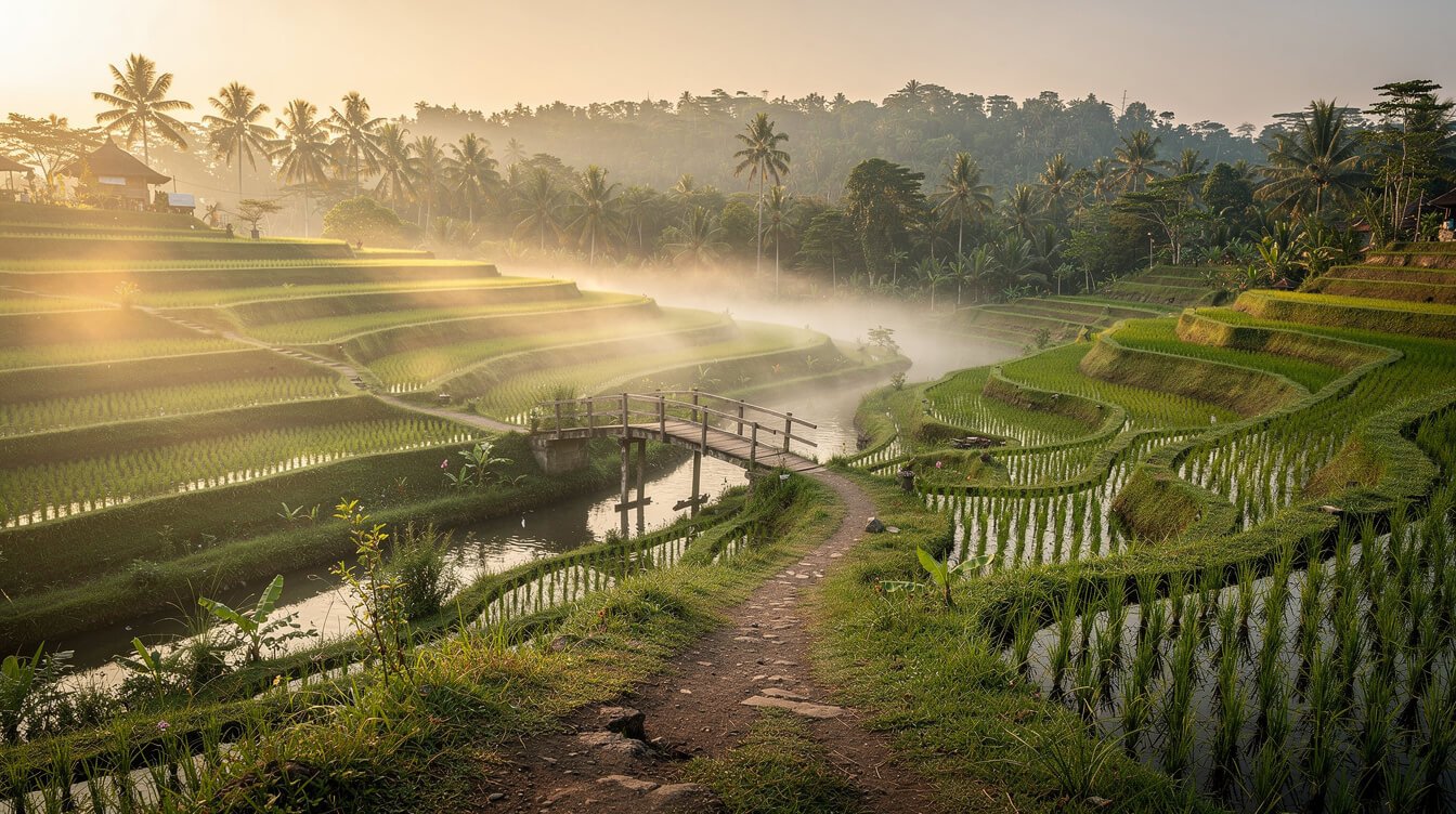 Ubud rice terraces at sunrise with golden morning mist