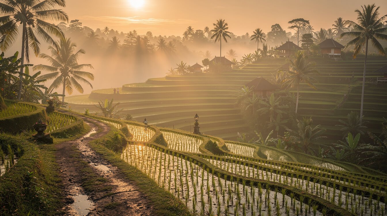 Misty Ubud rice terraces at dawn