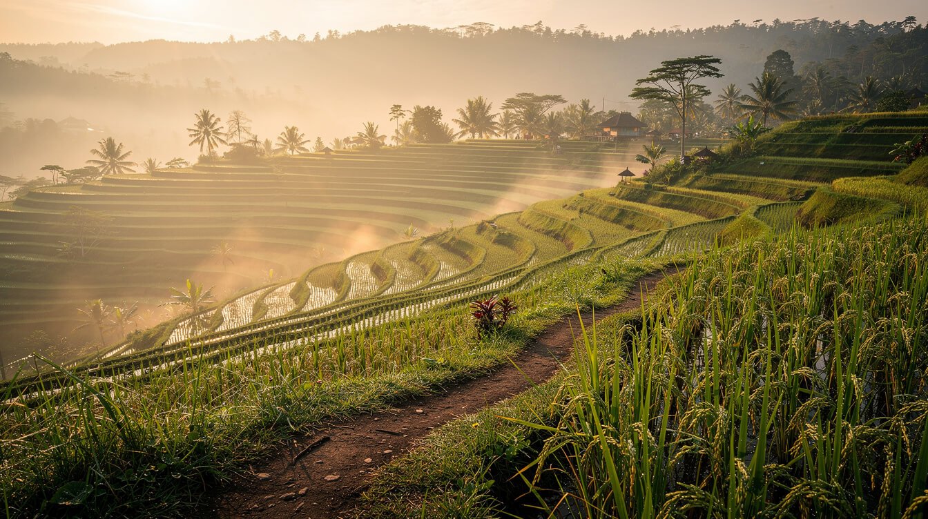 Ubud rice terraces at sunrise with morning mist