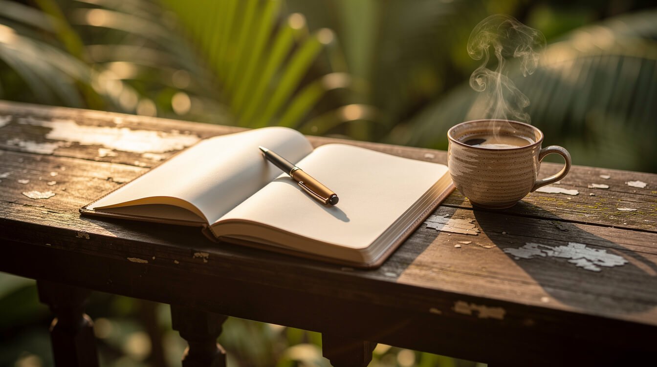 Open notebook on wooden veranda table with tropical leaves and Bali coffee