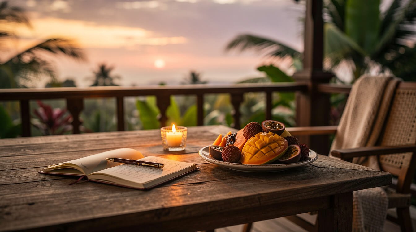 Cozy Bali terrace at sunset with notebook and tropical fruit