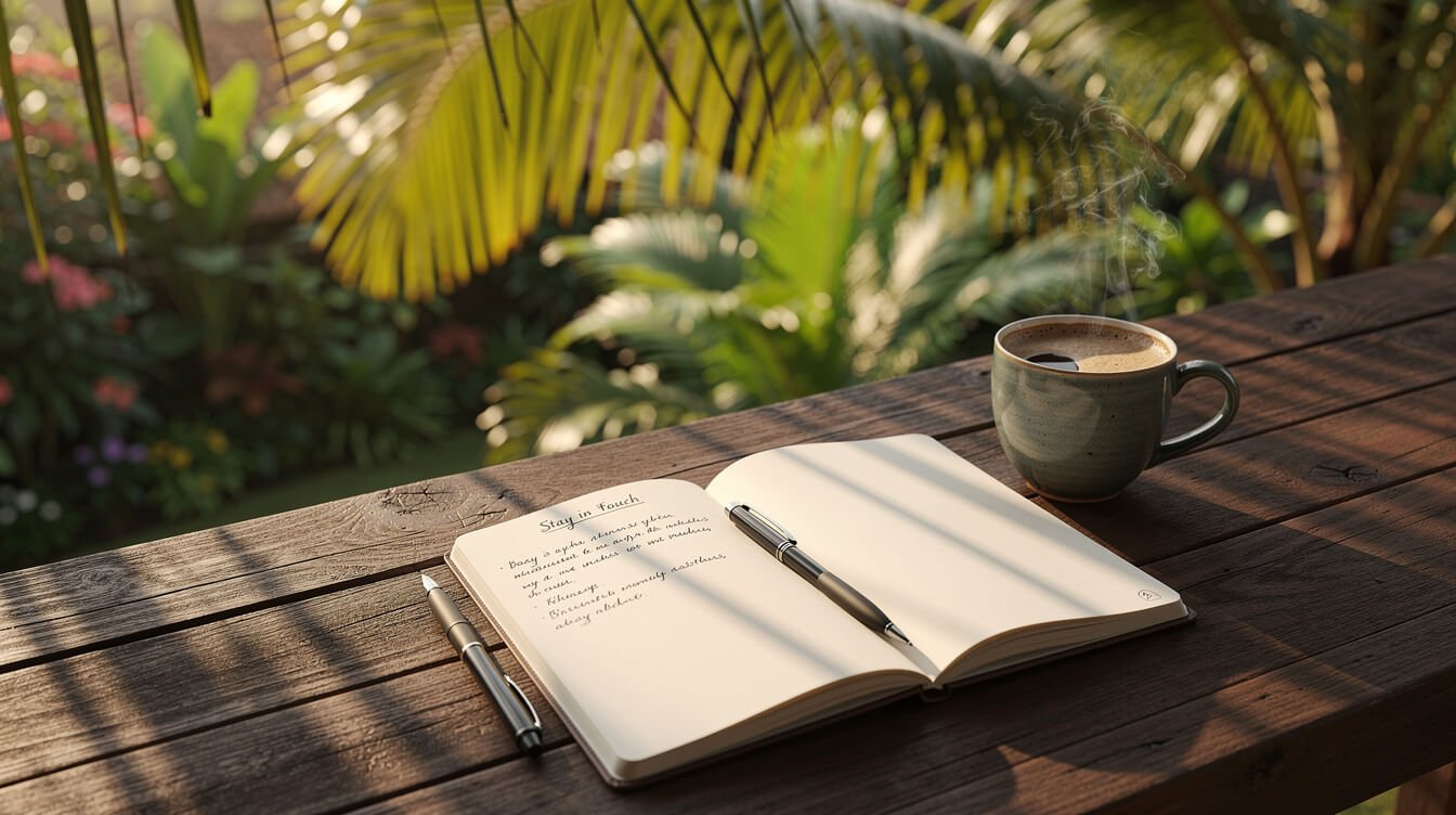 Open notebook on wooden deck with tropical garden view
