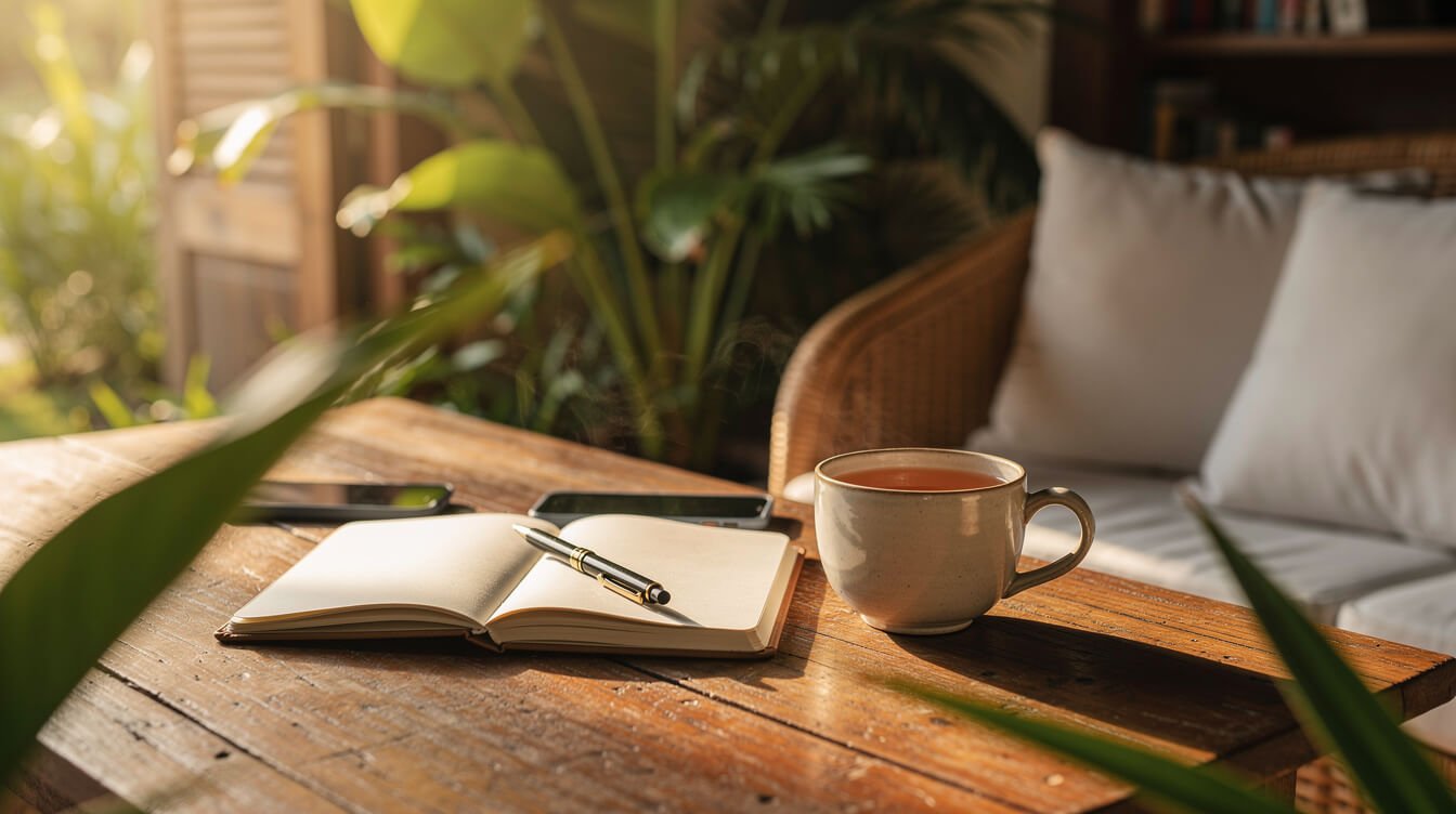 Notebook and tea on wooden table with tropical leaves