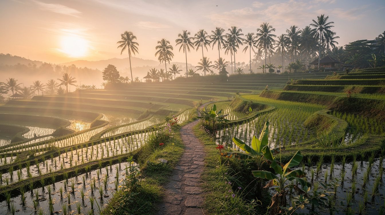 Misty Ubud rice terraces at sunrise