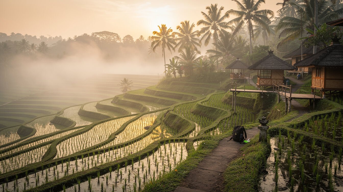 Warm misty Ubud morning rice terraces golden light