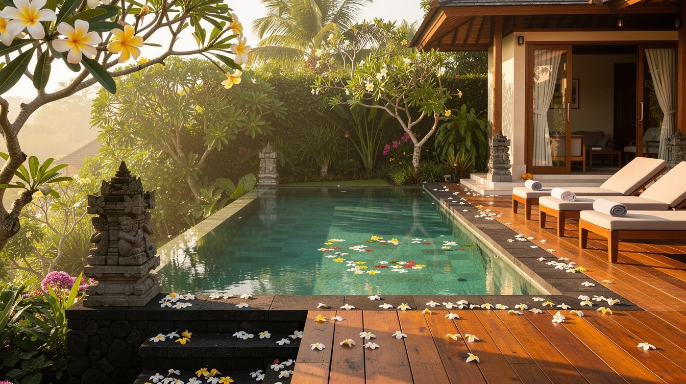 Villa Amrita pool deck with tropical garden