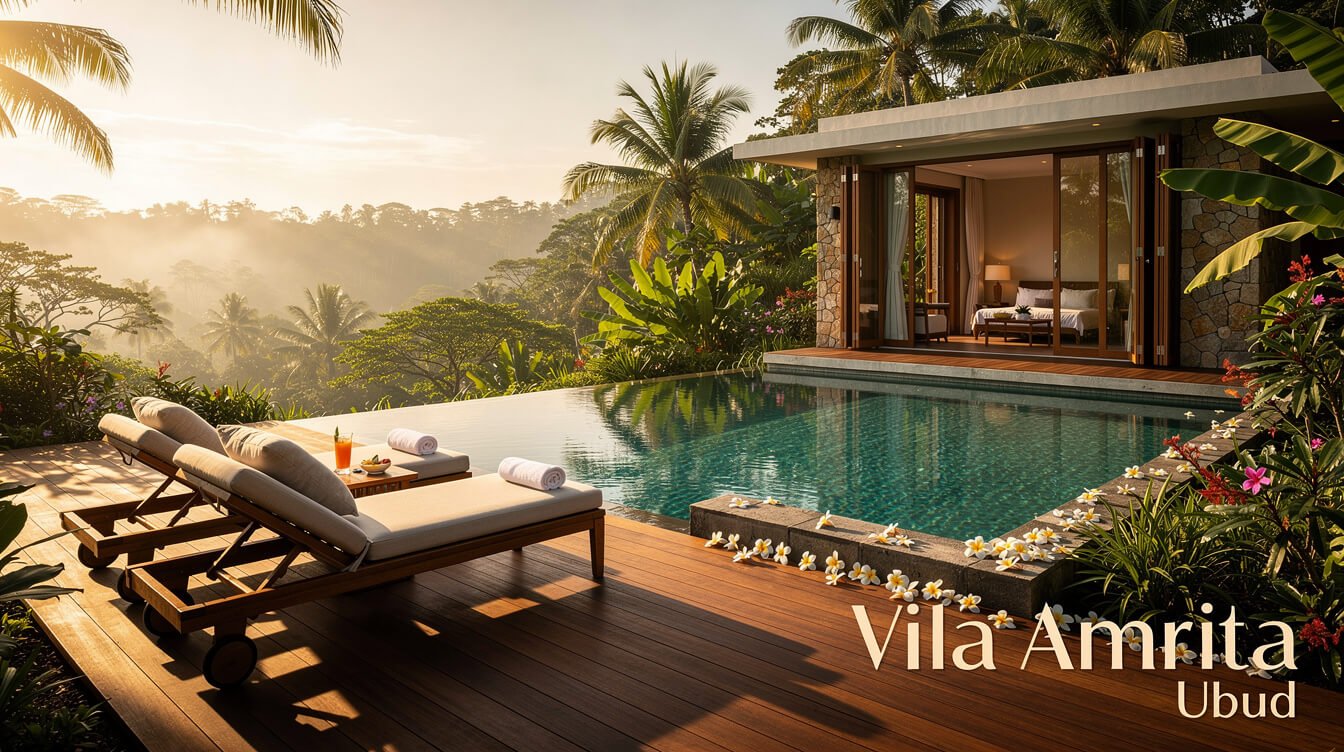 Warm timber pool deck at a Bali villa golden hour
