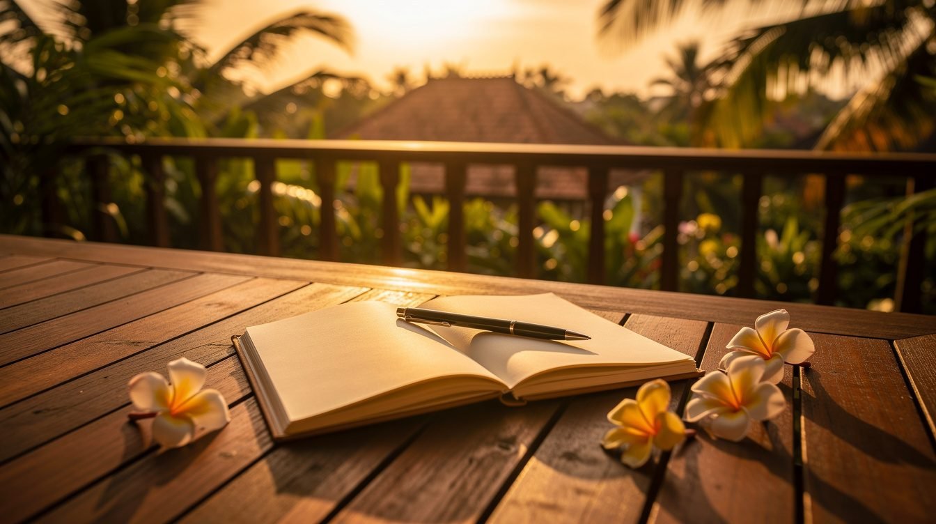 Open notebook on tropical terrace at sunset