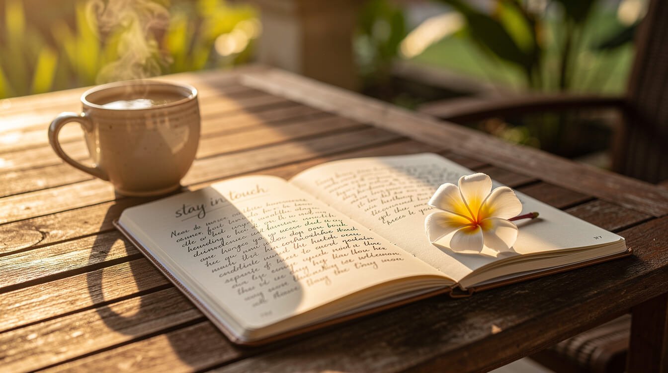 Open notebook on teak table with tropical leaves and coffee