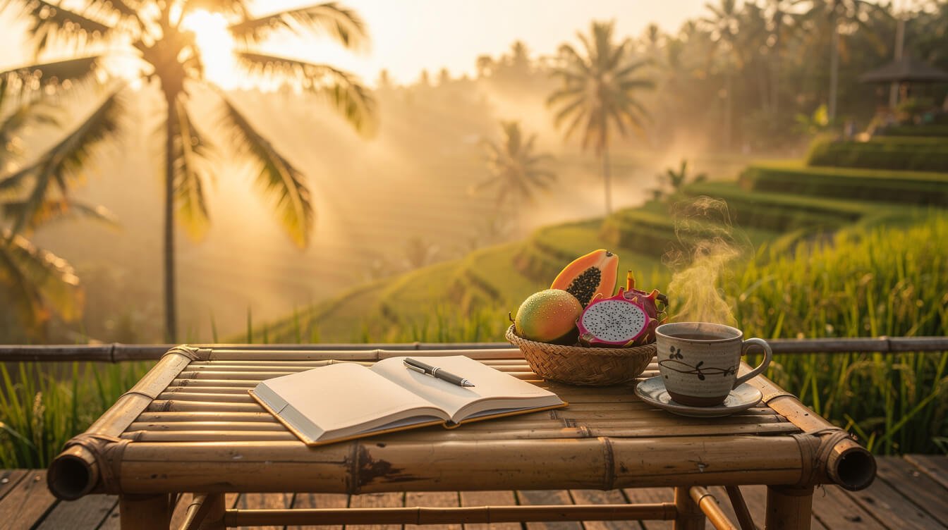 Warm sunrise over Ubud rice terraces with tropical fruit and journal on a bamboo table