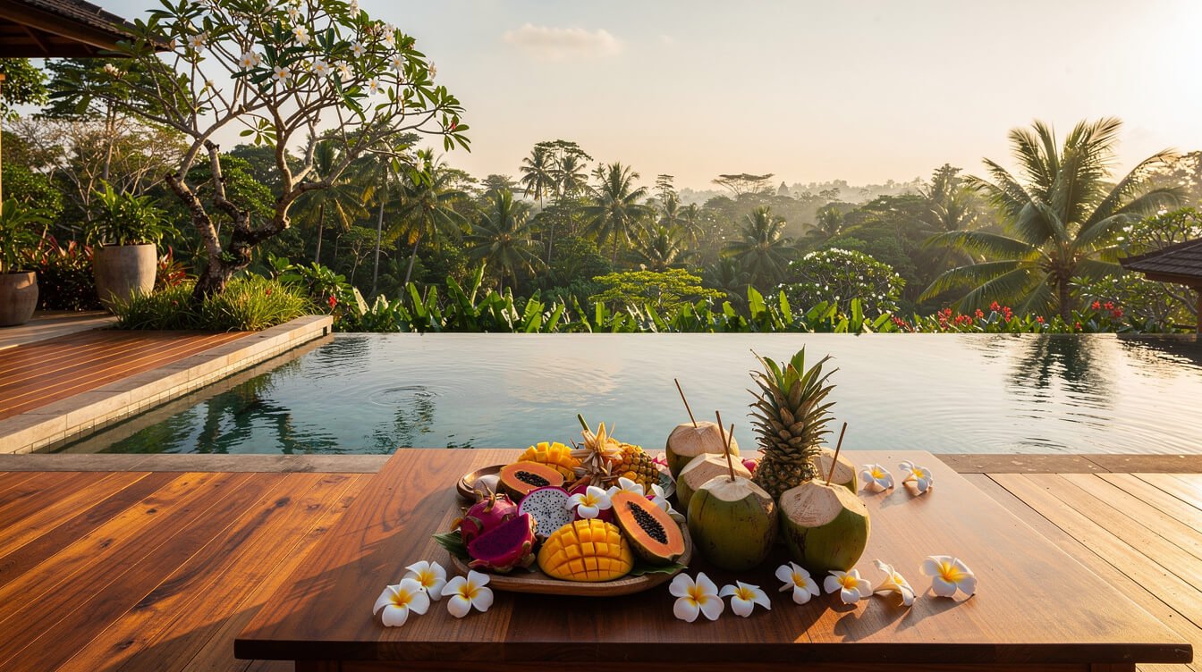 Villa Amrita pool deck with tropical fruit platter in golden afternoon light