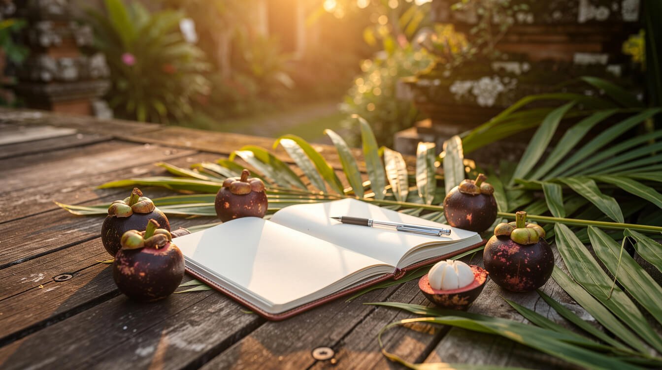 Open notebook with tropical leaves and mangosteen on a wooden deck at sunset