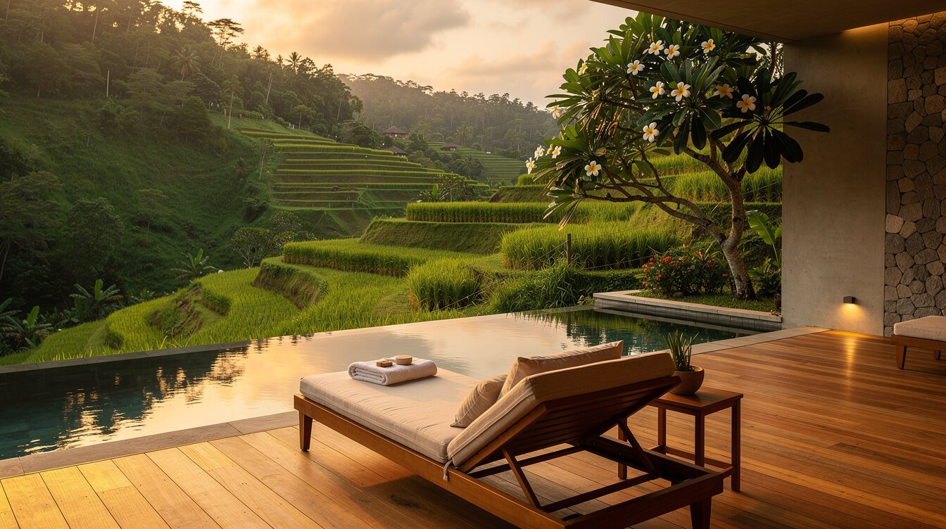 Luxury Bali villa pool deck overlooking rice terraces at golden hour