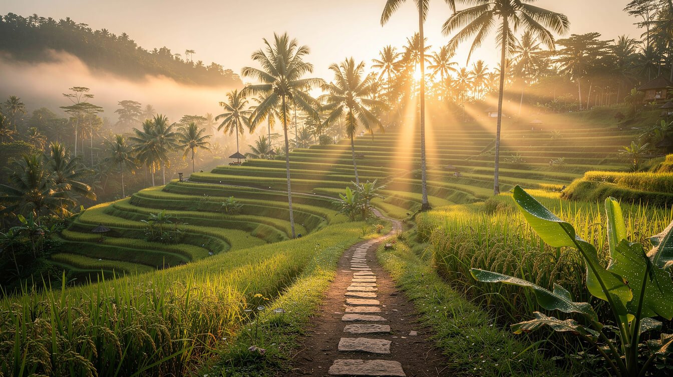 Warm morning sunrise over Ubud rice terraces with tropical path