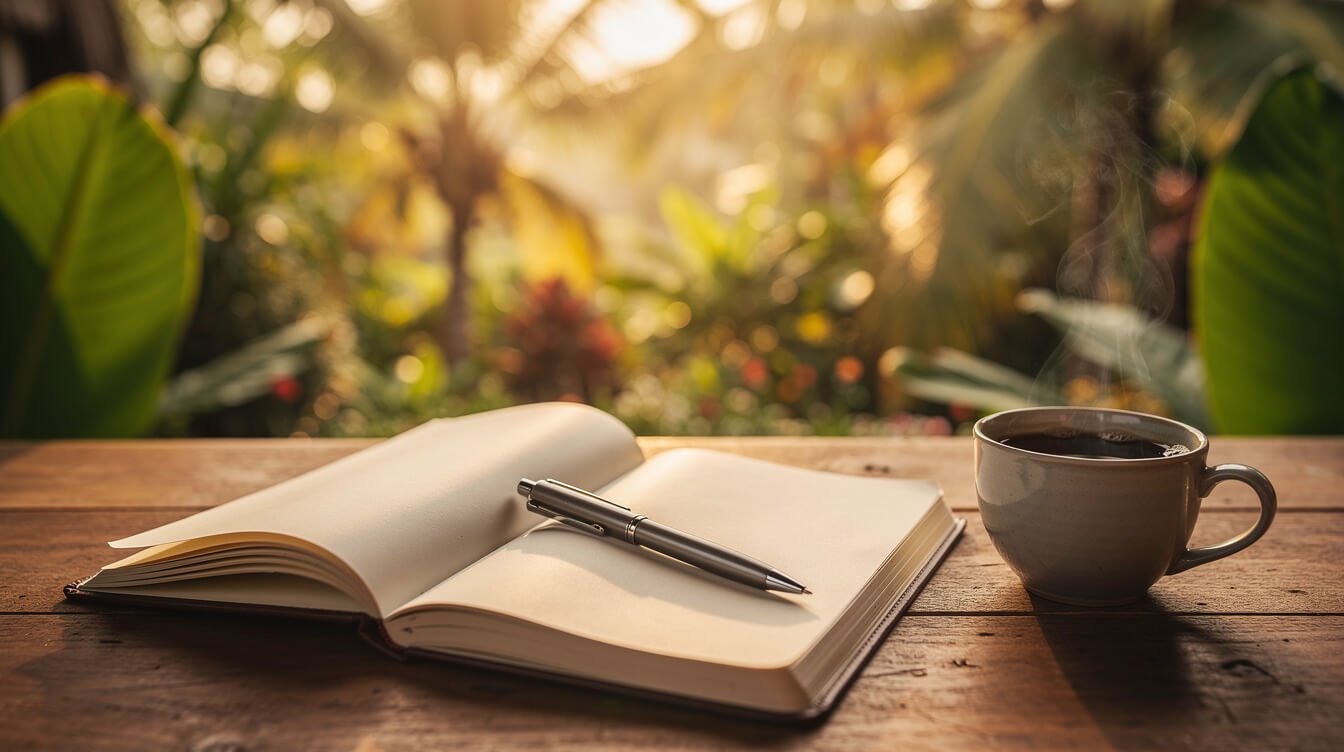 Open notebook and Balinese coffee on wooden table in tropical garden