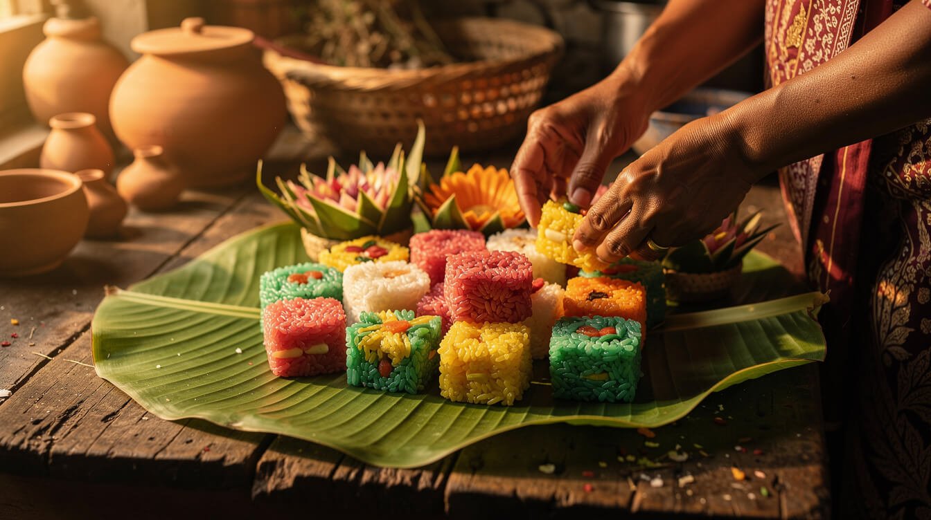 Traditional Balinese jaja cakes and fruit offerings prepared for Galungan ceremony
