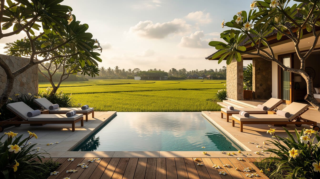 Villa Amrita pool deck with tropical garden and rice field view