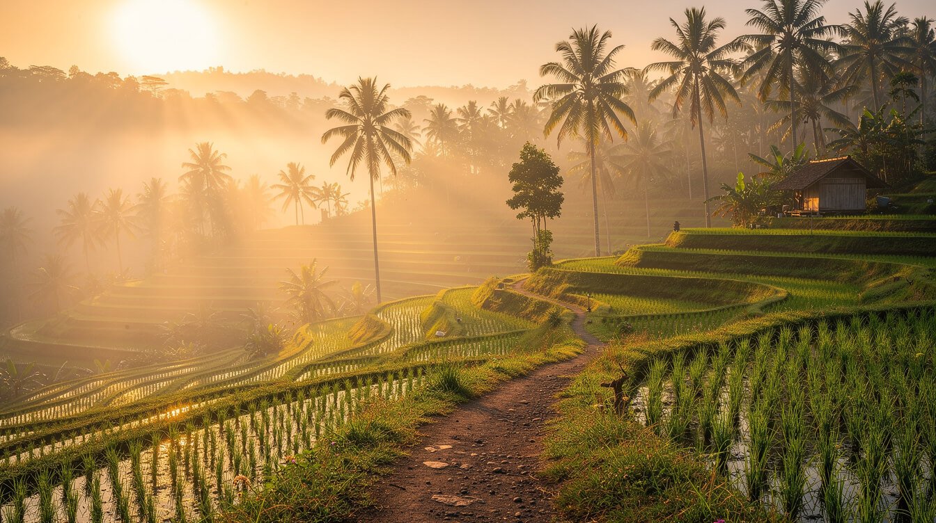 Warm Ubud morning rice terraces at sunrise