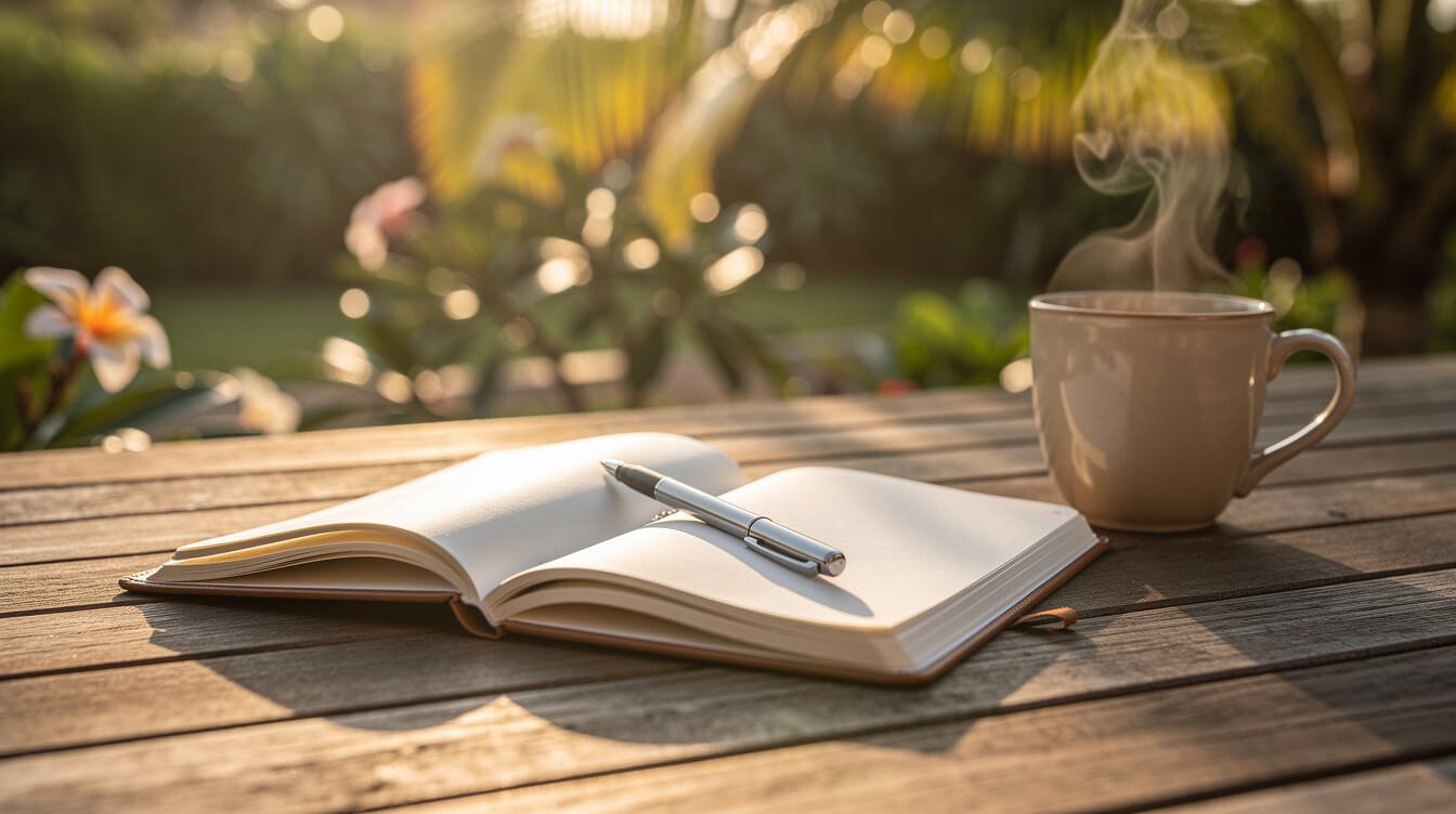 Notebook and coffee on tropical deck with garden view