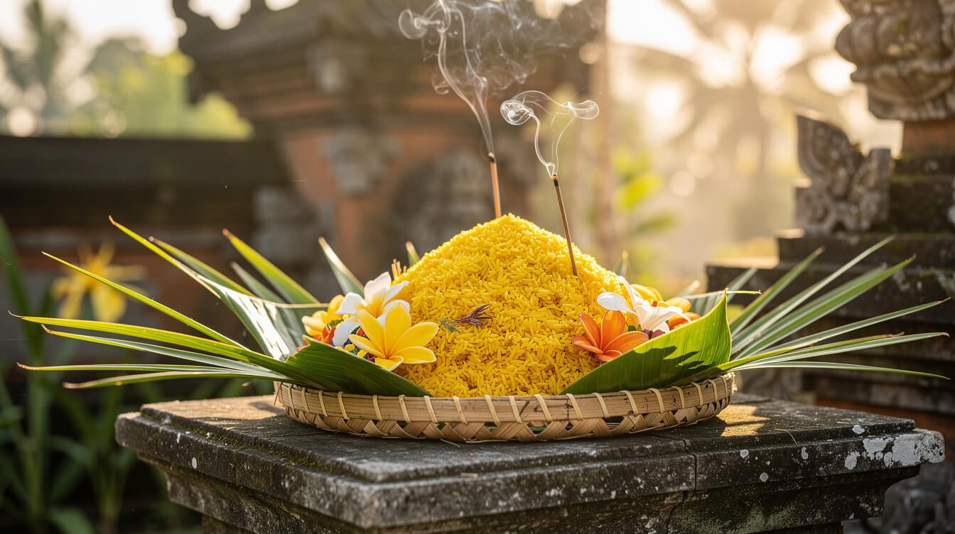 Golden yellow rice offerings on woven palm leaf for Kuningan ceremony in Bali