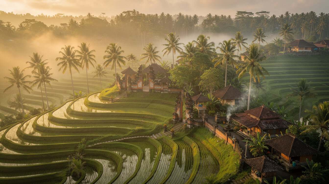 Aerial view of Ubud rice terraces with village temples and traditional Balinese compounds
