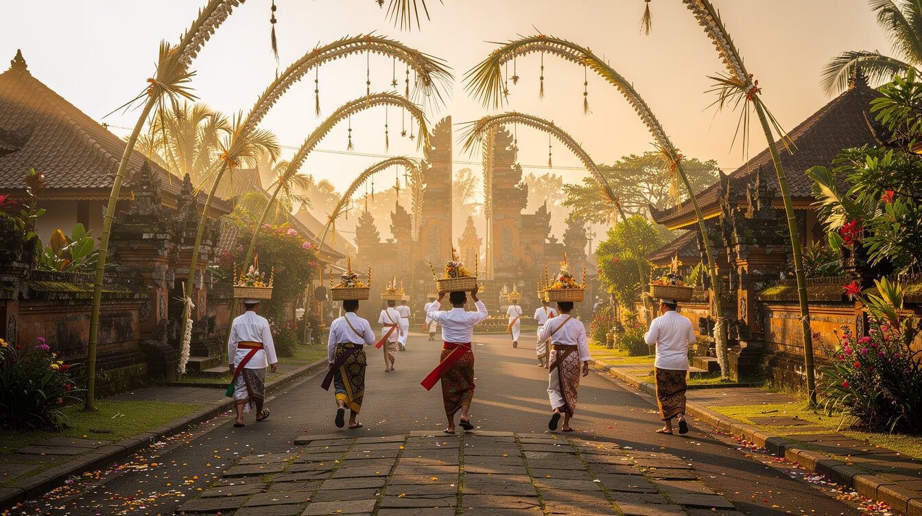 Ubud village street during Galungan morning with penjor bamboo poles and families in ceremony clothes