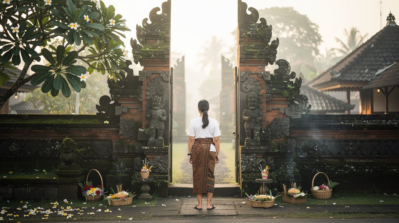 Visitor wearing sarong at entrance of Balinese village temple during Galungan