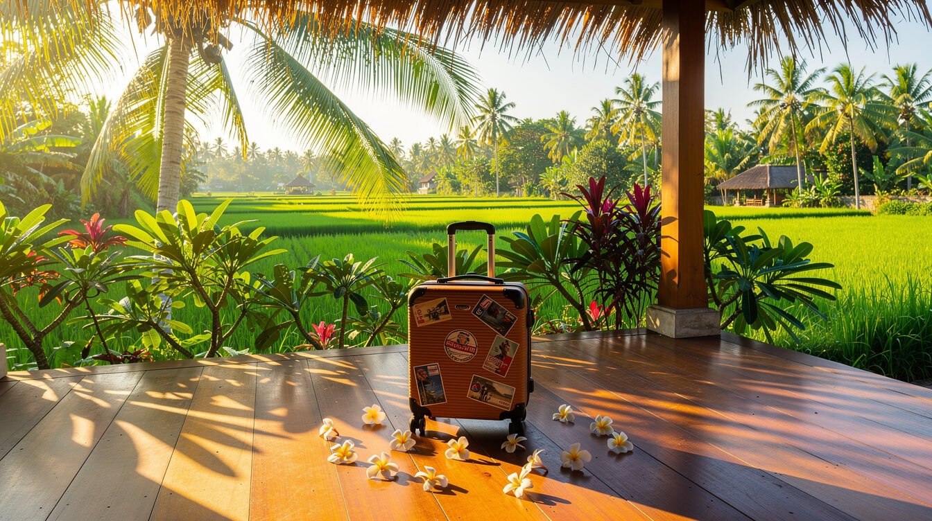 Tropical Bali travel planning scene with warm golden light