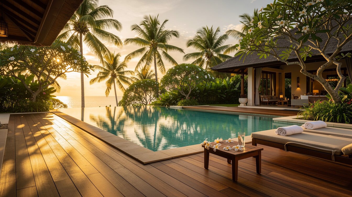 Villa Amrita pool deck with tropical garden in Ubud