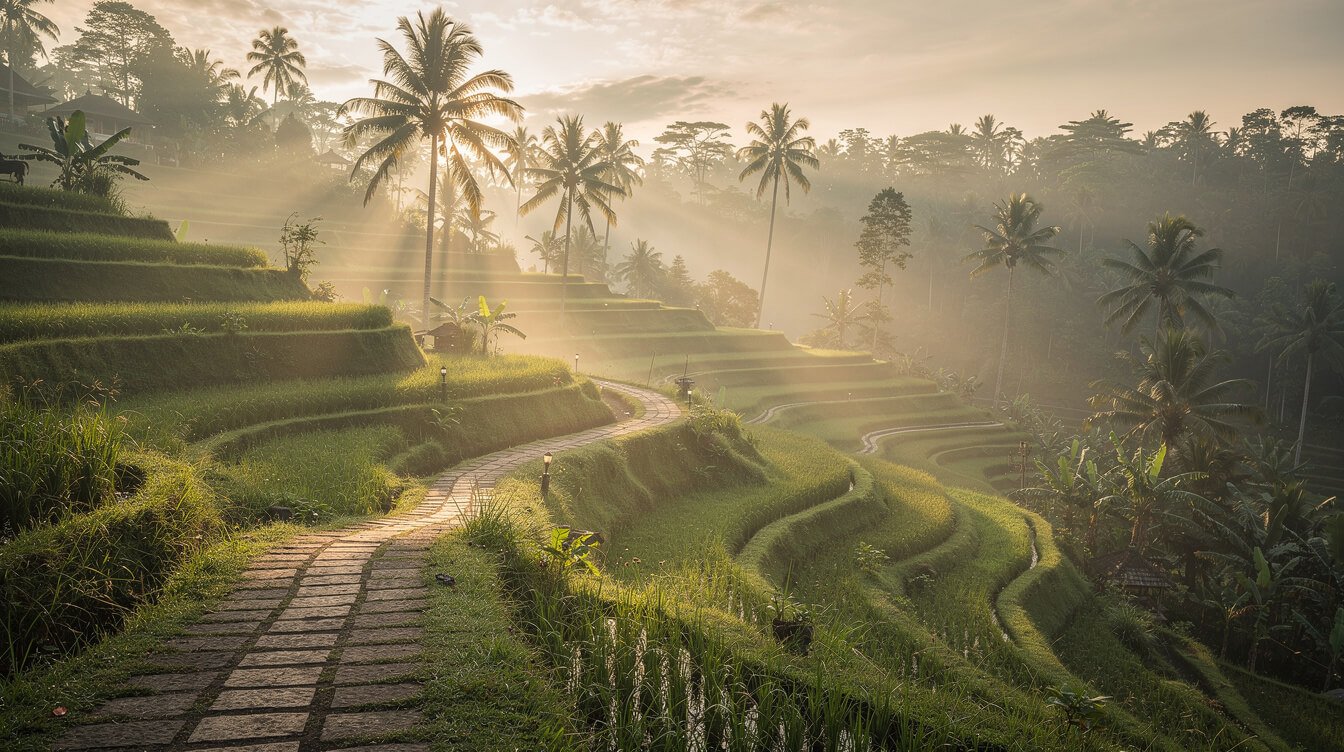 Ubud rice terraces at sunrise with golden morning mist
